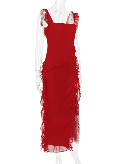 Red Ruffle Stylish Split Maxi Dress