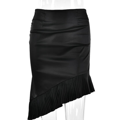 Satin Irregular Pleated Charming Trim Midi Skirt