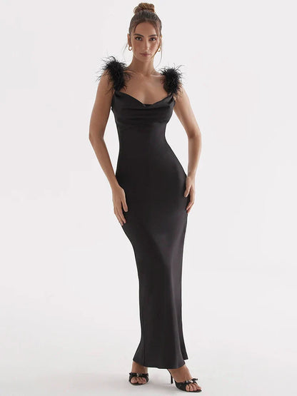 Black Satin Feather Charming Strap Maxi Dress