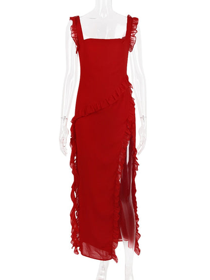 Red Ruffle Stylish Split Maxi Dress