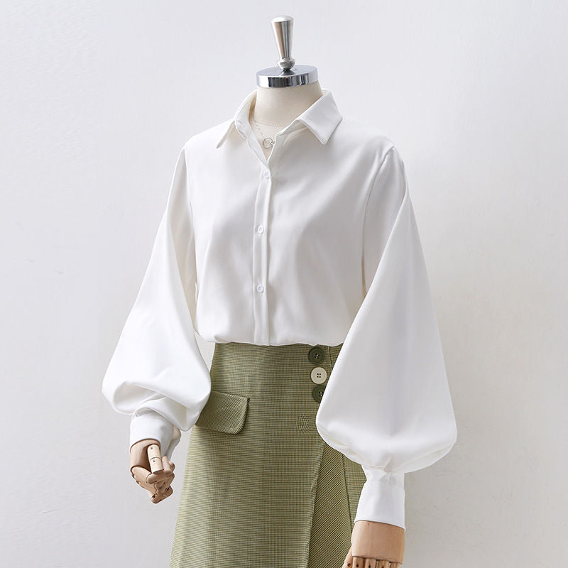 Blouse Lantern Women's Blouse White Sleeves Button Up with Vintage Black