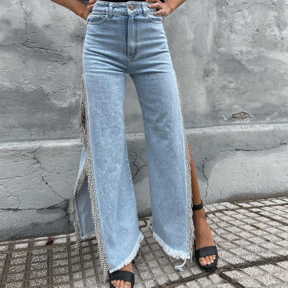 Warm-Season Y2K Cargo Split Black Long Leg Waisted Side Out Wide Pants Loose Women's High Streetwear Casual Baggy Jeans