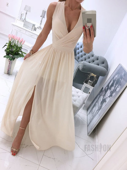 V-neck Evening Fashion Party for Elegant - Split Gown Warm-Season with Women's Side Gown Clubwear