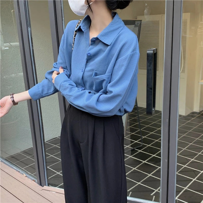 Long Blouses Vintage Harajuku Green Shirts Folded Women Korean White Basic Fashion Oversized Sunscreen Arm Cardigan