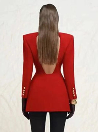 Red Sequin Collar Charming Open Back Blazer Dress