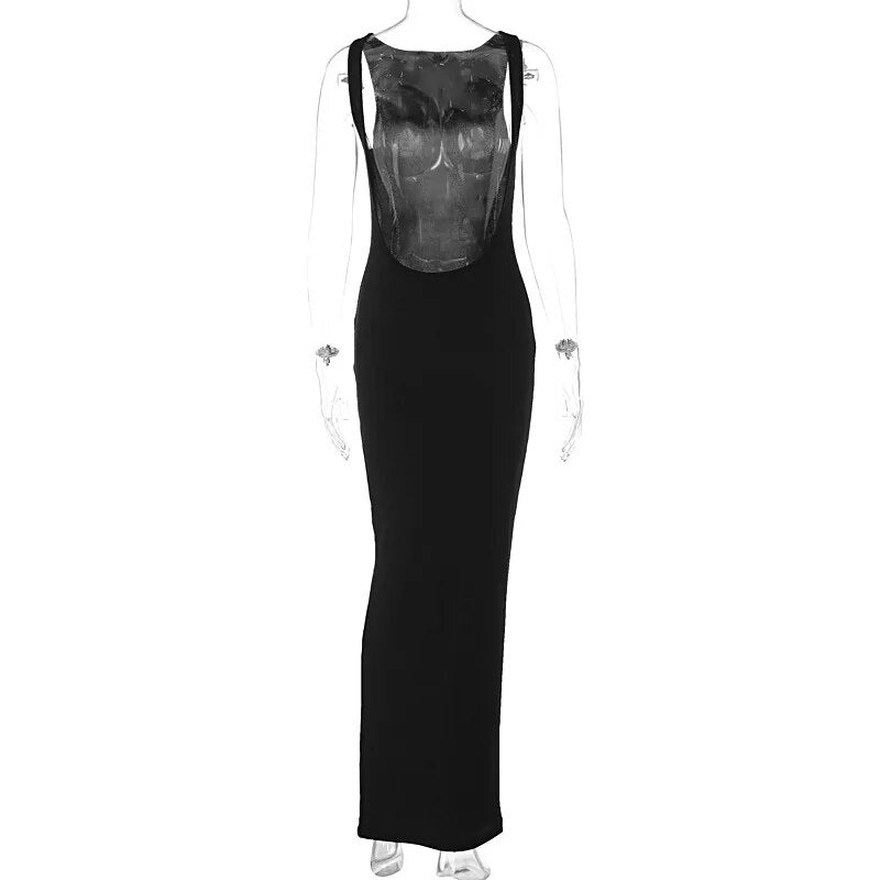 Ribbed Bandeau Deep Neck Graceful Layered Strap Long Dress