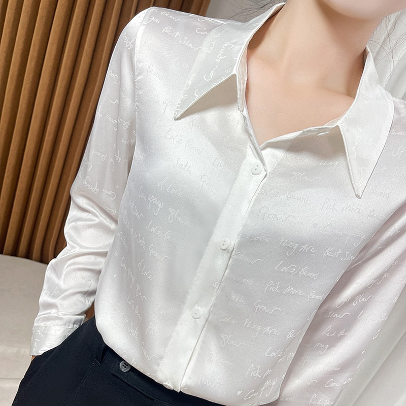 Silk Light Warm-Season Fashion Top Satin Acetate and Jacquard Women's Luxury Blouse New Spring Letter - Cardigan High-End Finish