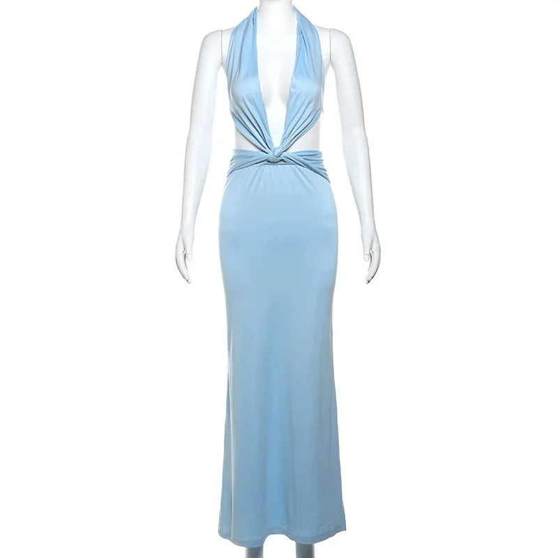 Blue Deep Slit Charming Neck Pleated Maxi Dress