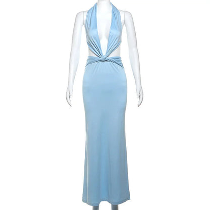 Blue Deep Slit Charming Neck Pleated Maxi Dress