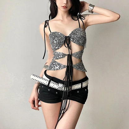 Sequin Silver Cut Out Graceful Tie Up Strappy Top