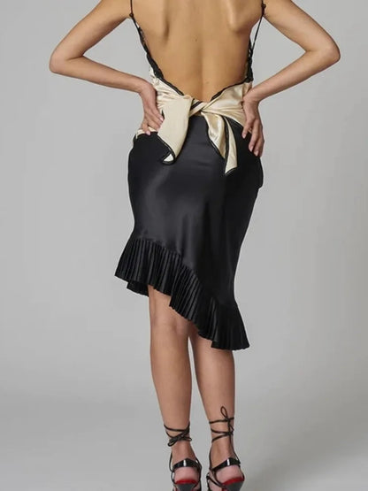 Satin Pleated Stylish Trim Midi Skirt