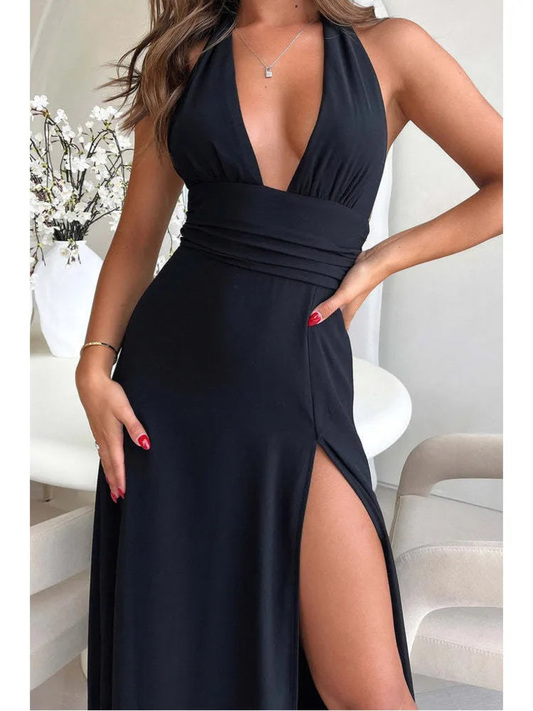 Black Deep Neck Charming High Split Maxi Dress