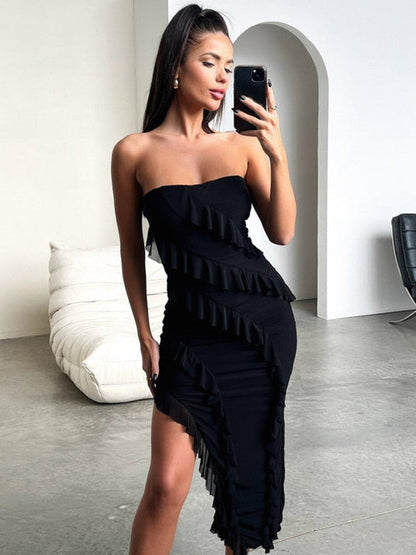 Split Strapless Full-Length Gown Ruffles - Sleeveless Elegant Women's Off-shoulder Bodycon Clubwear