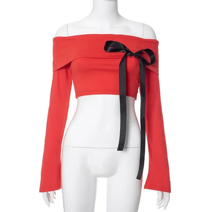 Red Off-shoulder Bow Charming Long Sleeve Top