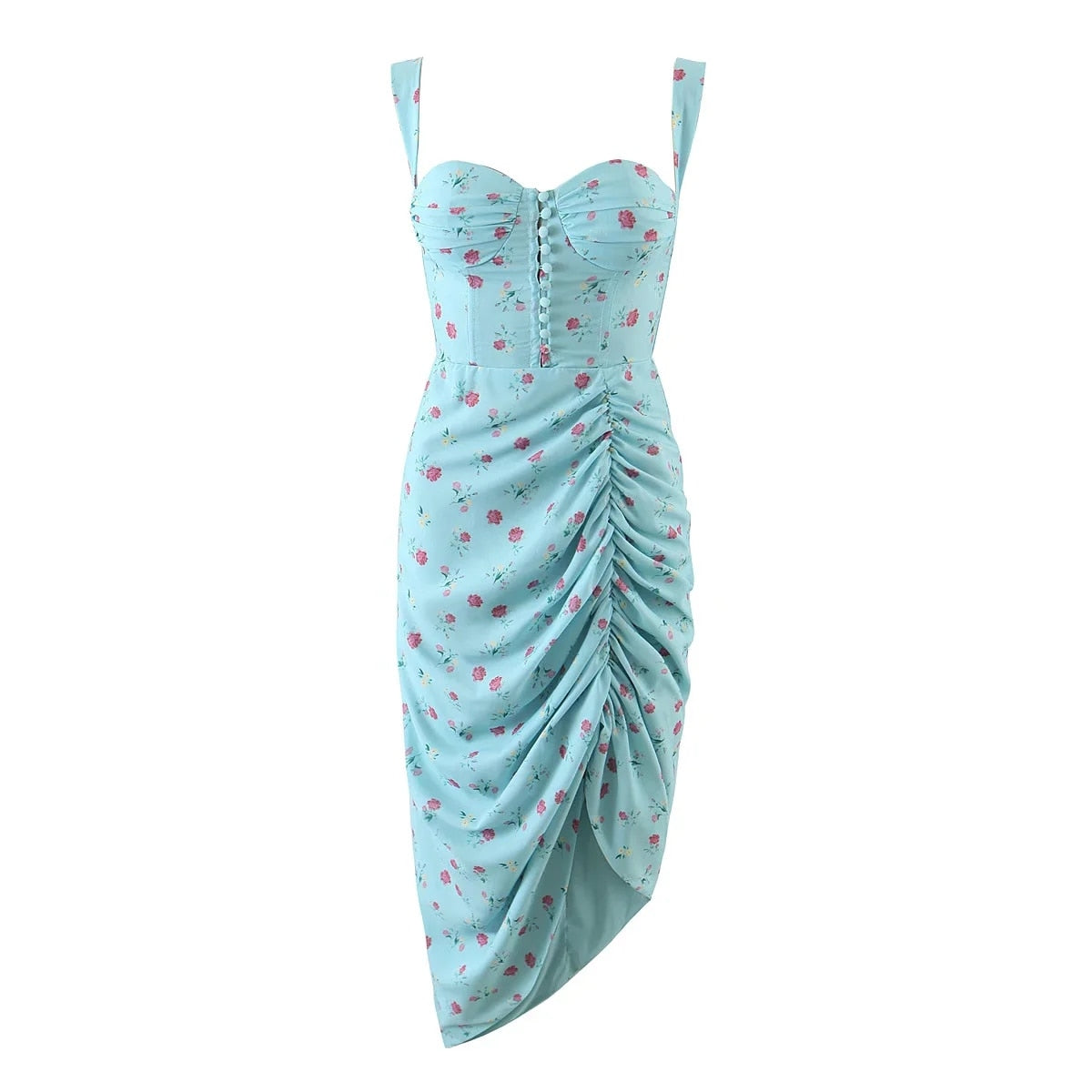 Blue Floral Mini Charming Ruched Slit Bustier Dress