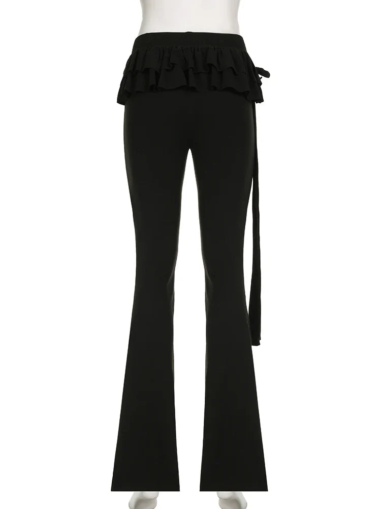 Black Lace Up Ruffled Flare Trendy Pants Low Waist Long Trouser