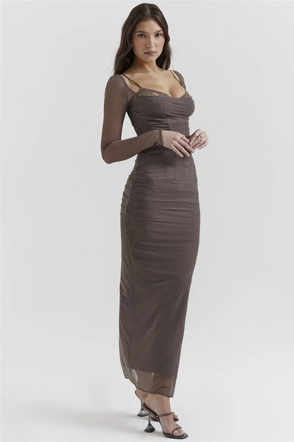 Sheer Long Sleeve Charming Bodycon Maxi Dress