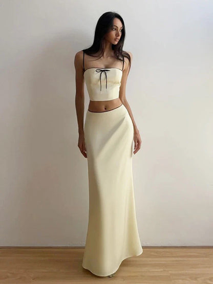 Satin Contrast Trim Bow Crop Top Modern And Maxi Skirt Two Piece Set