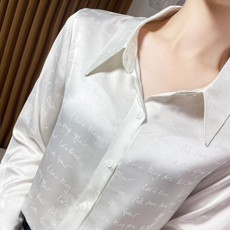 Silk Light Warm-Season Fashion Top Satin Acetate and Jacquard Women's Luxury Blouse New Spring Letter - Cardigan High-End Finish