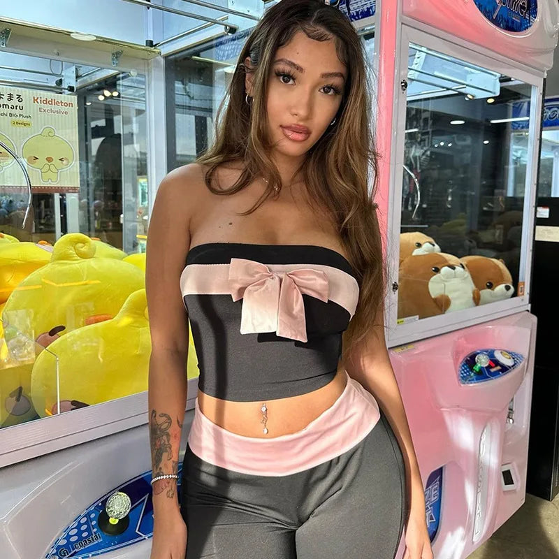 Black Tube Pink Charming Bow Crop Top