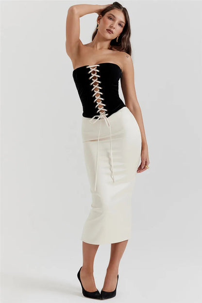 Black Lace Up Tube Top Trendy And White Satin Midi Skirt Set