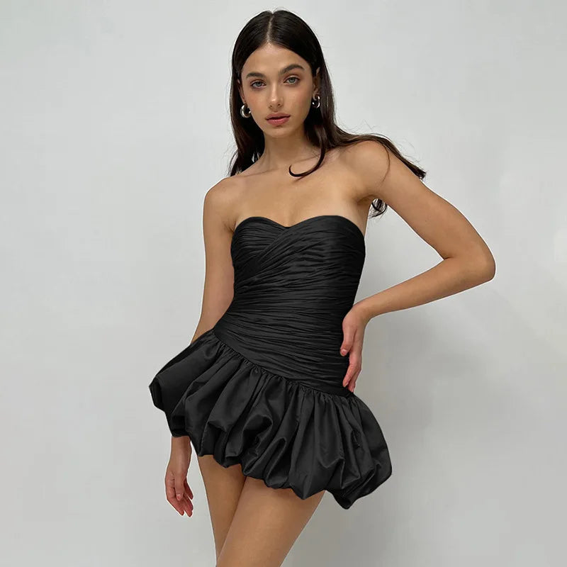 Satin Ruched Stylish Puff Mini Dress