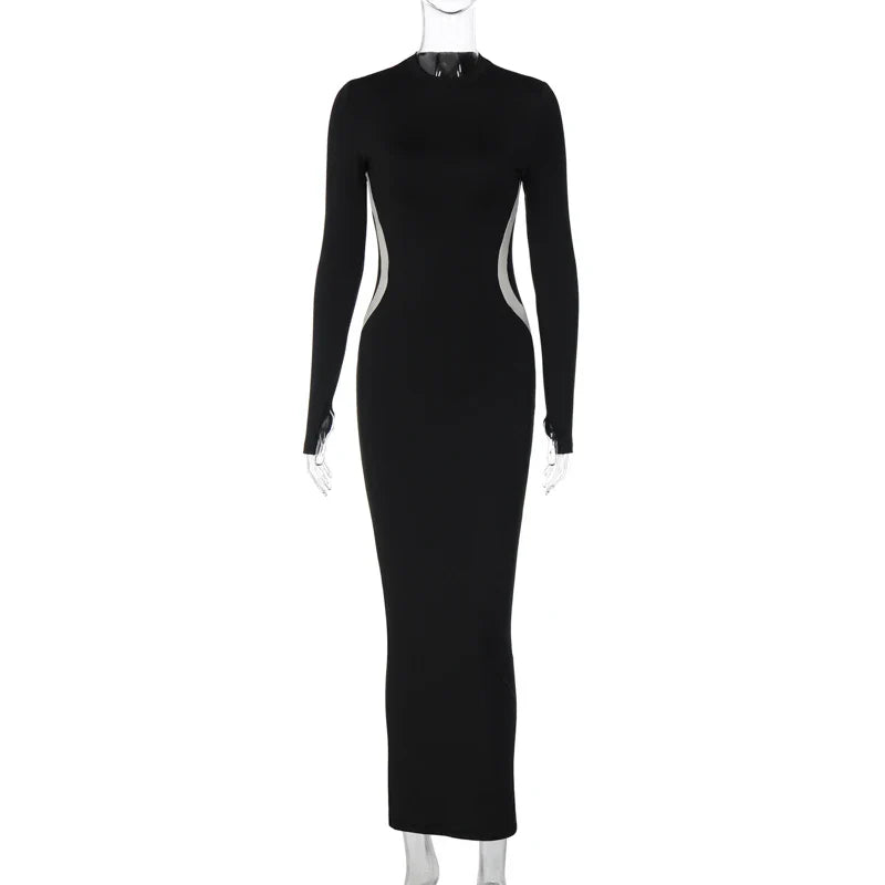 Black Long Sleeve Charming Contrast Strap Maxi Dress