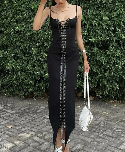 Black Lace Up Charming Strap Midi Dress