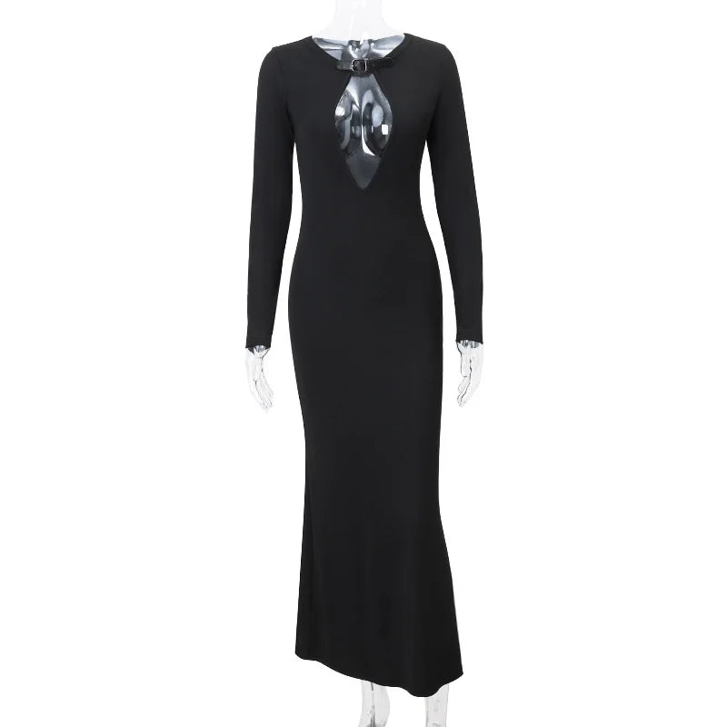 Black Long SLeeve Hollow Graceful Cut Out Midi Dress