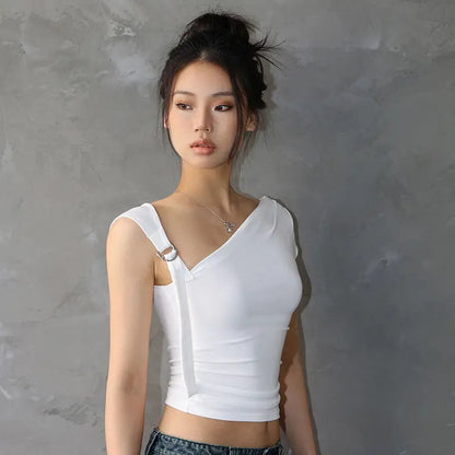 Asymmetric Strap Buckle Charming Sleeve Crop Top