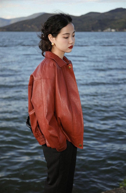 Red Faux Stylish Leather Jacket