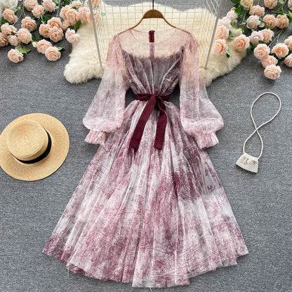 Summer and Bandage for Dresses Women Elegant Spring Vintage Gown Line and Coastal featuring Sleeves Patterned Patchwork Lantern Mesh with and A Party Dress