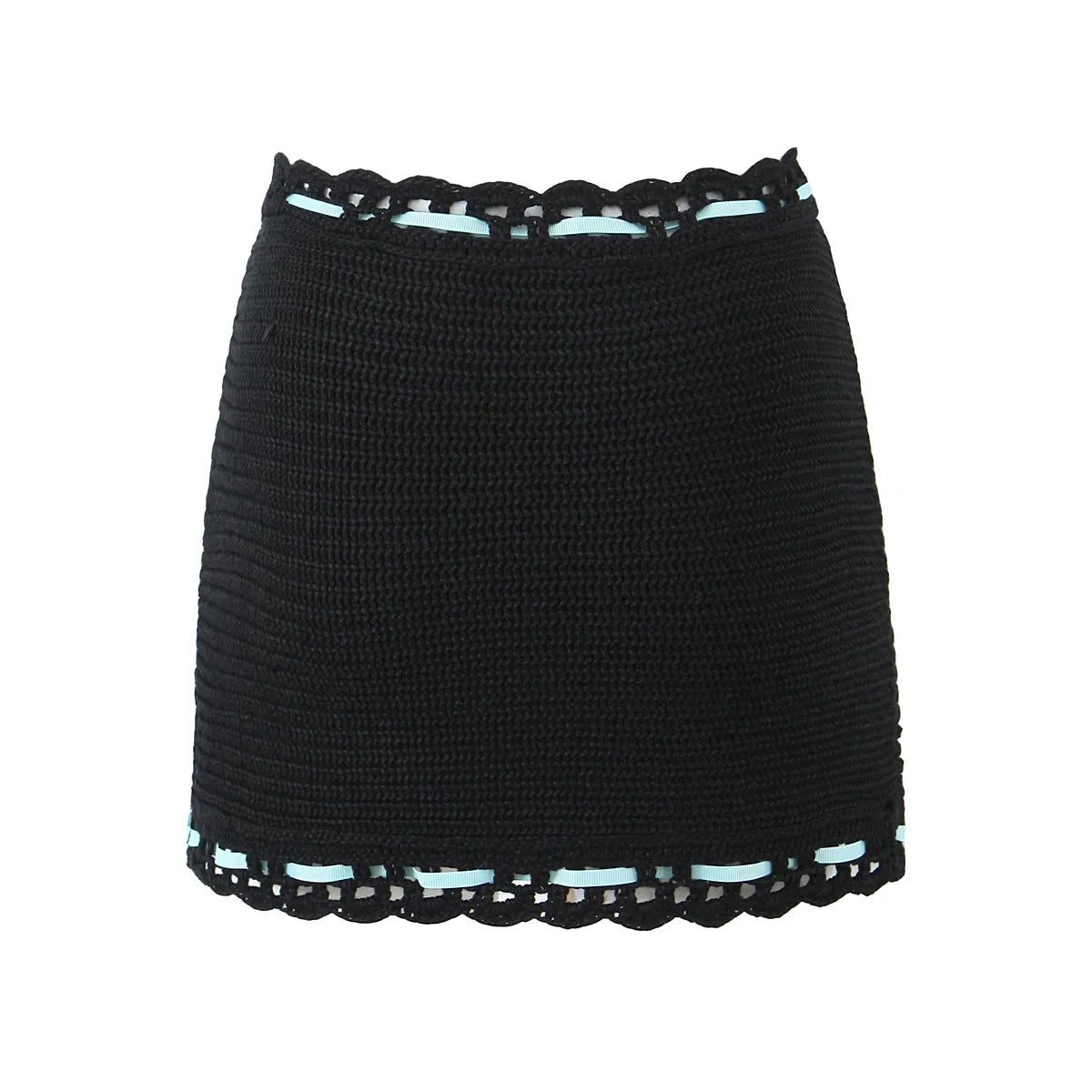 Black Crochet Drawstring Crop Graceful Top And Mini Skirt Set