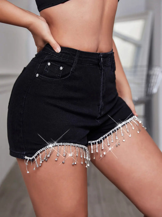 Cosybreezee - Street Chic Rhinestone Tassel Denim Shorts