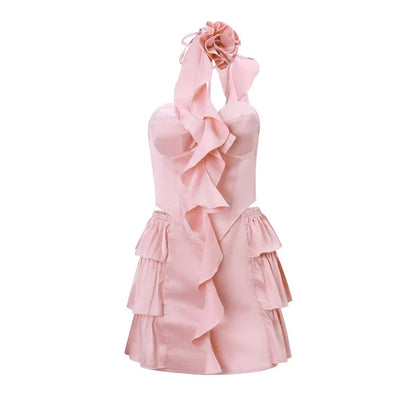 Satin Pink Corset Top Graceful And Ruffles Mini Skirt Set