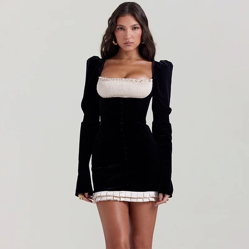 Black Ruched Long Charming Sleeve Mini Dress