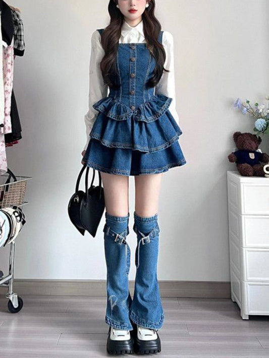 Set Y2k Vintage Sleeveless Korean Camisole Women Jean Autumn Piece Mini 3 Gown Slim Denim Fashion Clothing Gown 2024