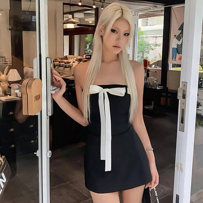 Black Tube White Charming Bow Mini Dress