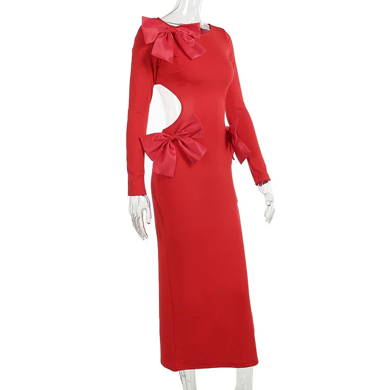 Red Bow Hollow Out Graceful Back Long Sleeve Maxi Dress