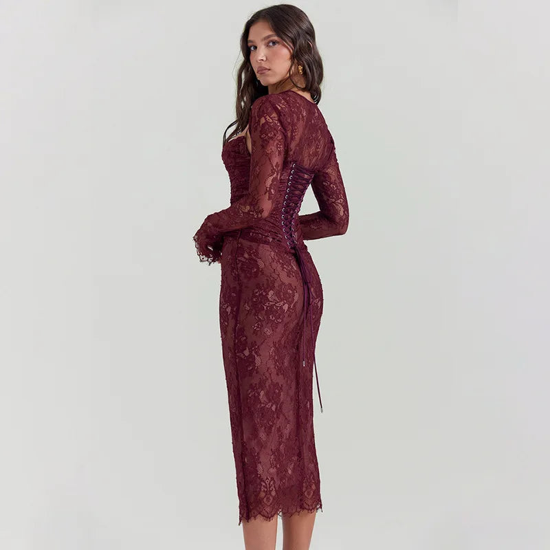 Red Lace Bodycon Charming Long Sleeve Midi Dress