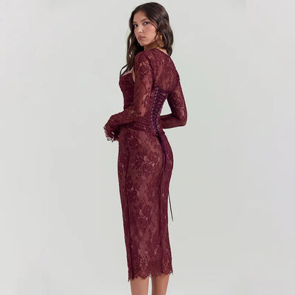 Red Lace Bodycon Charming Long Sleeve Midi Dress