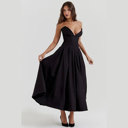 Black Deep Neck Charming Strapless Frill Midi Dress