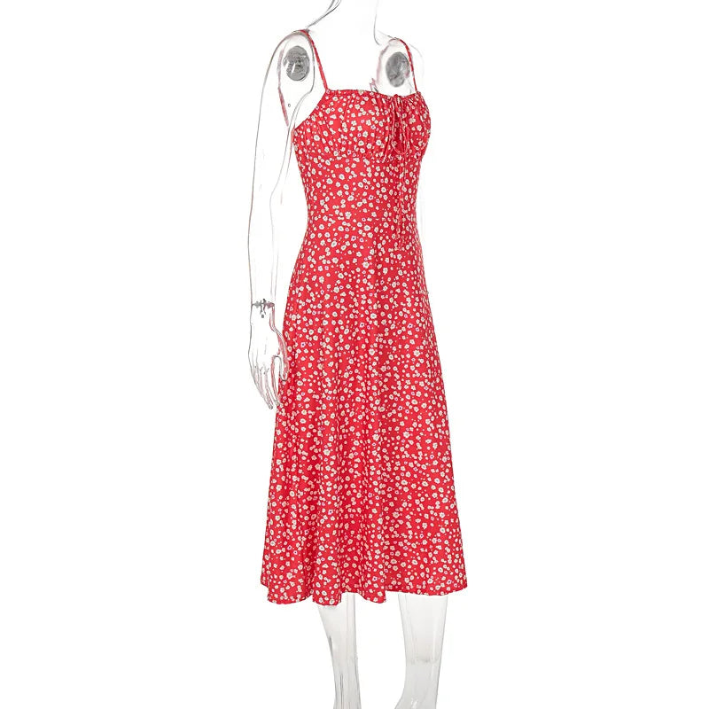 Red Floral Print Charming Strap Split Midi Dress