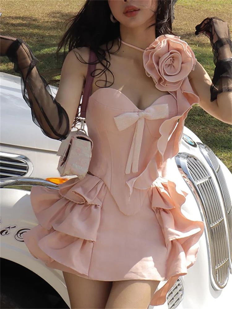 Satin Pink Corset Top Graceful And Ruffles Mini Skirt Set