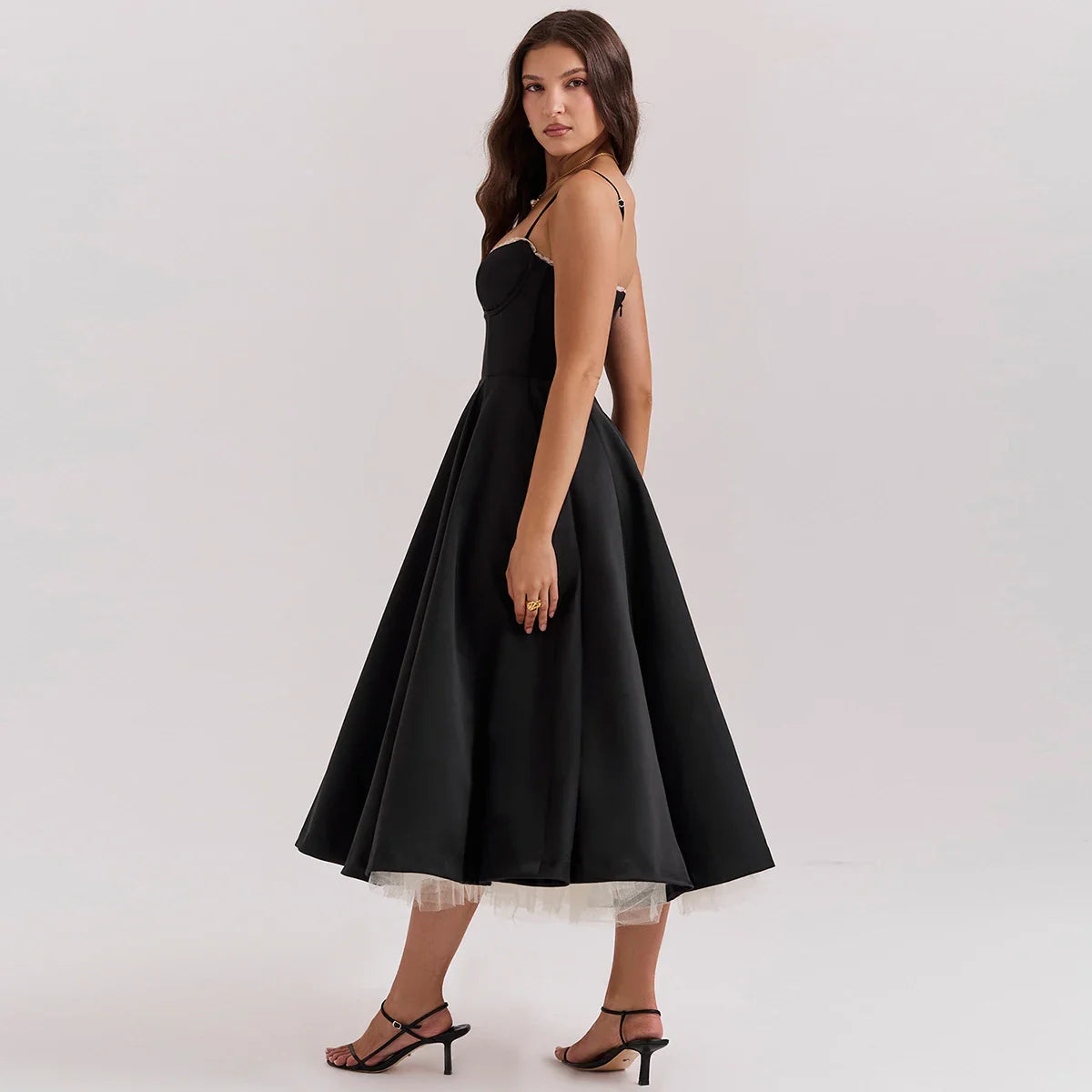 Satin Tulle Flare Charming Strap Cupped Midi Dress