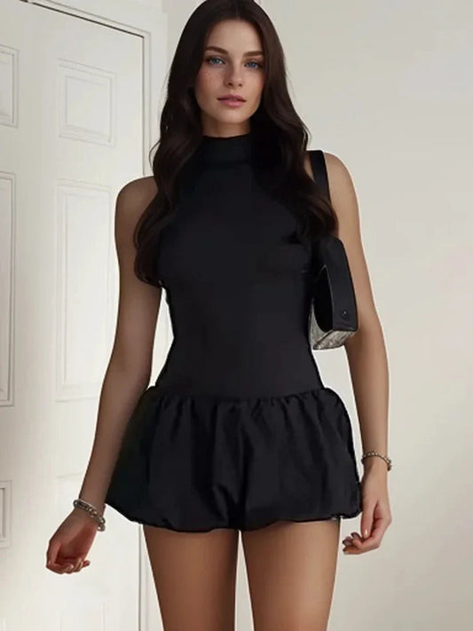 Black Mock Neck Charming Puff Skirt Mini Dress