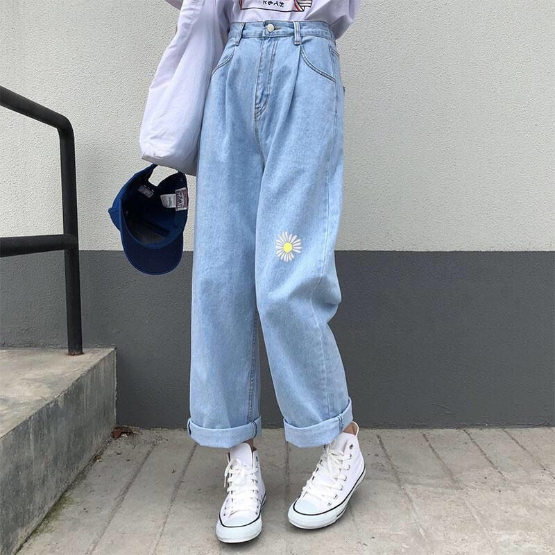 Wide-leg Daisy Women Loose High Waist Jeans Pants Trousers Denim Straight Korean S-5XL