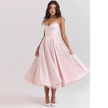 Satin Tulle Flare Charming Strap Cupped Midi Dress