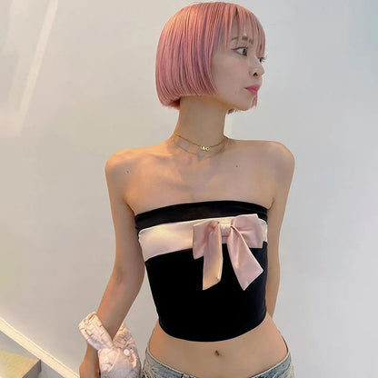 Black Tube Pink Charming Bow Crop Top