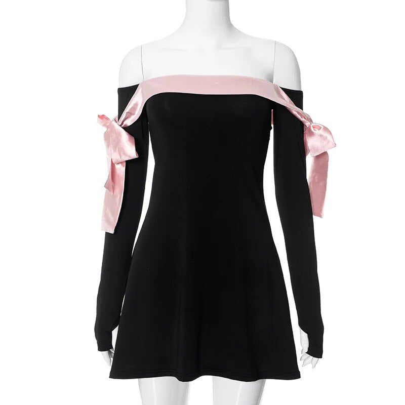 Black Off-shoulder Bow Charming Long Sleeve Mini Dress